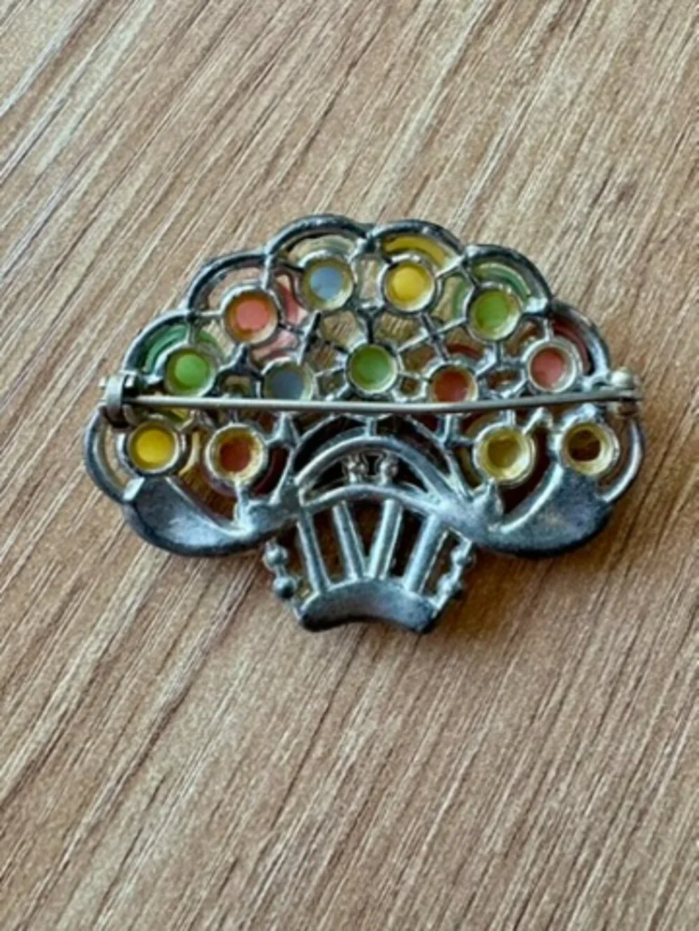 Vintage Pastel Moonglow Flower Basket Brooch - As-Is - For Repair or Upcycle